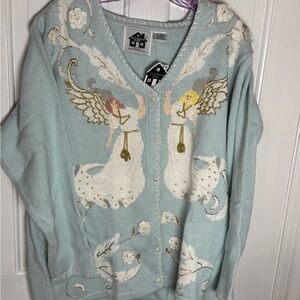 Storybook knits Angel Motif Light Blue Women's Cardigan. Size 2X.